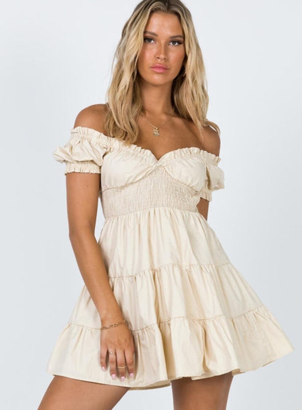 Princess Polly Daniela Mini Dress Sz XS Beige Milkmaid Prairie Babydoll